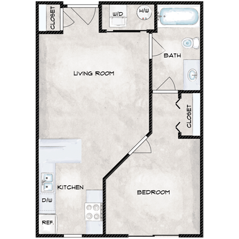 Floor plan for 1 bed, 1 bath, 522 sqft
